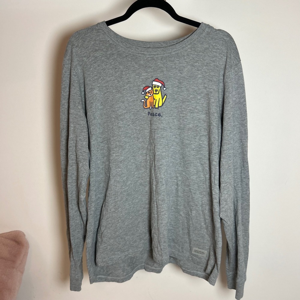 Life is Good Womens Long Sleeve T Shirt Peace Dog Cat Christmas‎ Graphic Tee XL